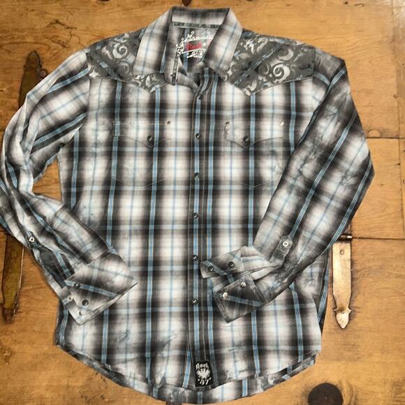 Mens Wrangler Rock 47 Blue Plaid Button Snap Shirt Size Medium - Picture 2 of 13